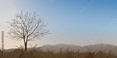 Silhouette leafless tree in minimalist countryside landscape in autumn with mountain ranges far away have sunset sky background graphic illustration.