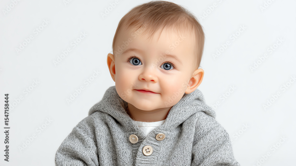 A cheerful baby in a cozy gray sweater smiles warmly at the viewer, capturing innocence and joy in a bright setting. A cheerful baby in a cozy gray sweater smiles warmly at the viewer, capturing innocence and joy in a bright setting.
