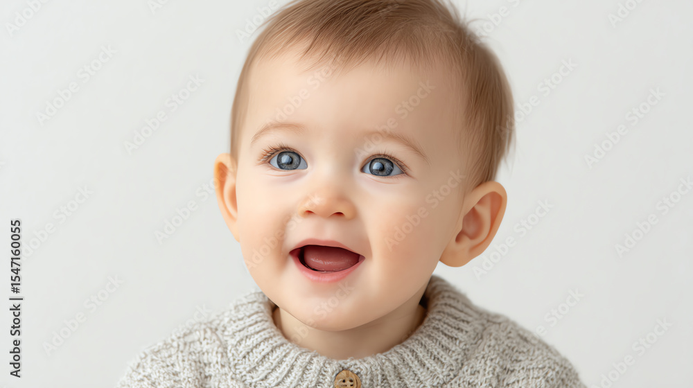 A joyful baby with bright blue eyes smiles brightly, radiating innocence and happiness in a cozy knitted sweater. A joyful baby with bright blue eyes smiles brightly, radiating innocence and happiness in a cozy knitted sweater.