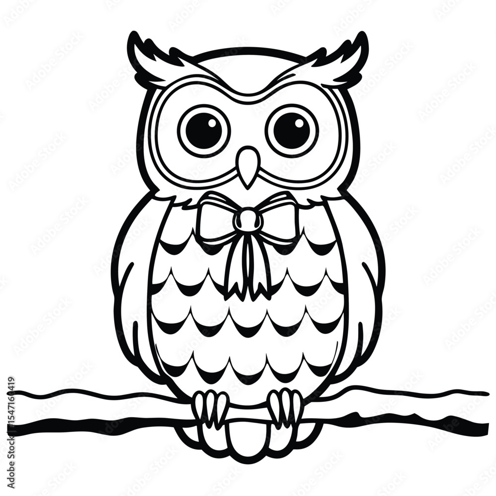 Fototapeta premium Cute Owl Coloring Page for Kids, Cartoon Owl Line Drawing Perched on Branch, Black and White Owl Illustration for Coloring Book.