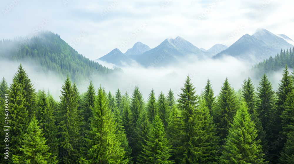 Fototapeta premium A serene landscape featuring lush green coniferous trees surrounded by misty mountains under a cloudy sky.