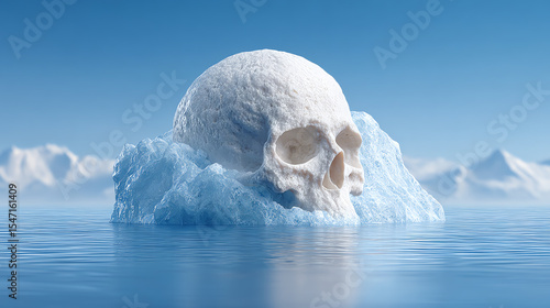 A surreal ice sculpture resembling a skull emerges from a serene blue water, surrounded by majestic mountains under a clear sky.
