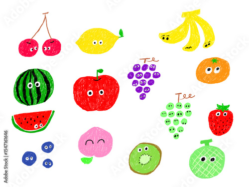 手描きイラストセット　フルーツ　ギョロ目　色えんぴつ