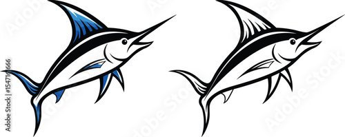 Swordfish Logo Vector Design Set, Marlin Fish Illustration in Black and Blue, Sport Fishing Swordfish Mascot Clipart.