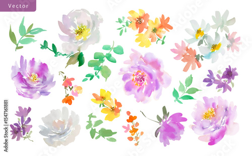 Watercolor floral clipart set with purple and white peonies, wildflowers, leaves. Vector files. Abstract hand painted floral illustrations for wedding invitations and stationery.
