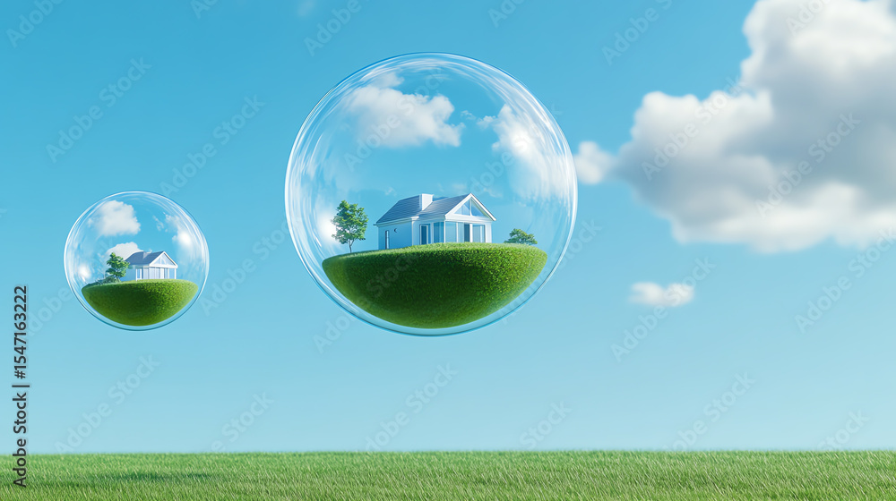 Surreal homes encapsulated in floating bubbles in a bright, clear sky, symbolizing sustainability and eco-friendly living. Surreal homes encapsulated in floating bubbles in a bright, clear sky, symbolizing sustainability and eco-friendly living.