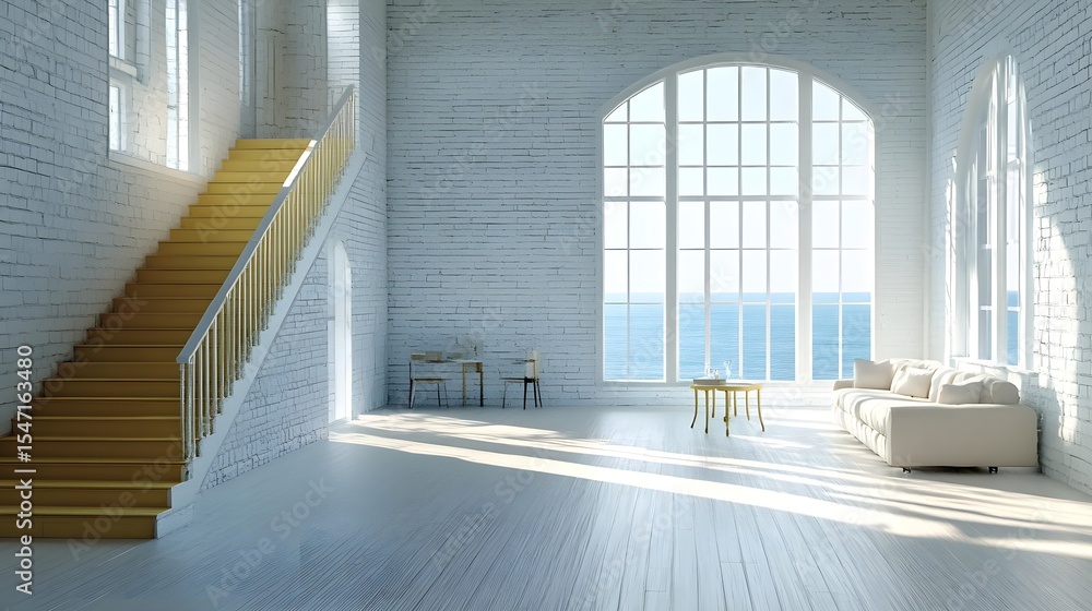 Fototapeta premium Loft apartment, Modern apartment, Bright interior, Bright Modern Loft Apartment with Ocean View