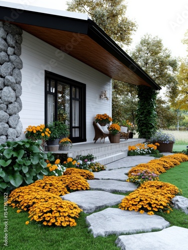 Modern Farmhouse with Stunning Autumnal Landscaping and Stone Pathway
