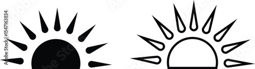 Sun icon set, sunshine and solar glow sunrise or sunset. Decorative circle full and half sun and sunlight. Hot solar energy for tan. Vector sun light sign collection isolated on transparent background