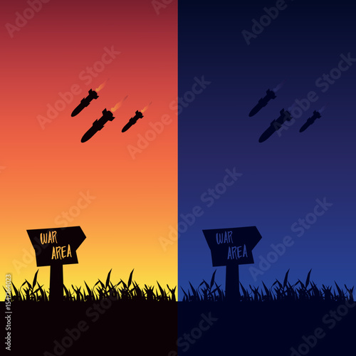 War Zone Missiles Silhouetted Against Sunset and Night Skies