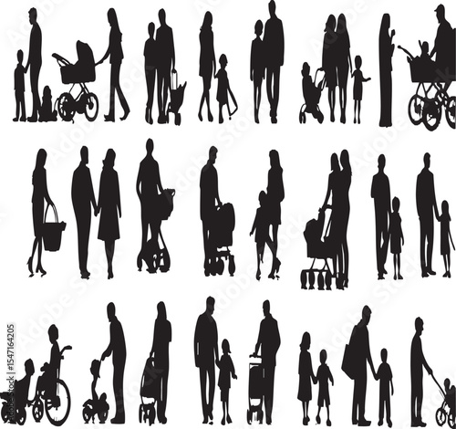  Diverse Family Silhouettes with Children and Strollers