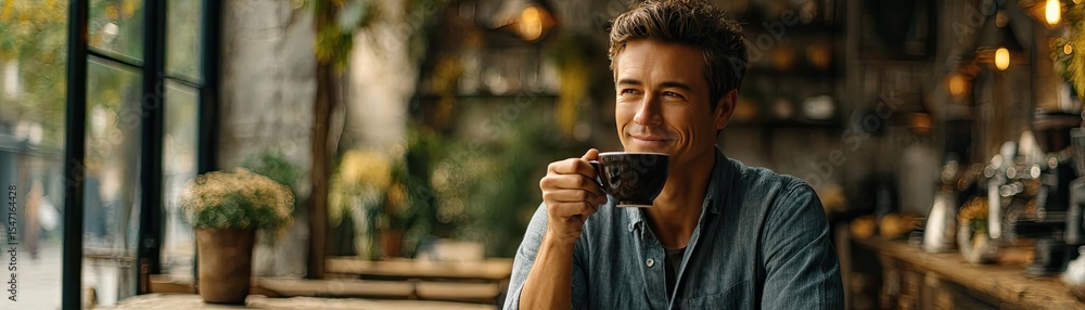 First sip with mellow coffee props concept. Man enjoying coffee in a cozy cafe with a warm atmosphere. First sip with mellow coffee props concept. Man enjoying coffee in a cozy cafe with a warm atmosphere.