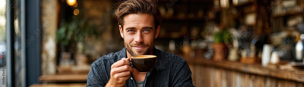 First sip with mellow coffee props concept. Man enjoying a cup of coffee in a cozy cafe setting. First sip with mellow coffee props concept. Man enjoying a cup of coffee in a cozy cafe setting.
