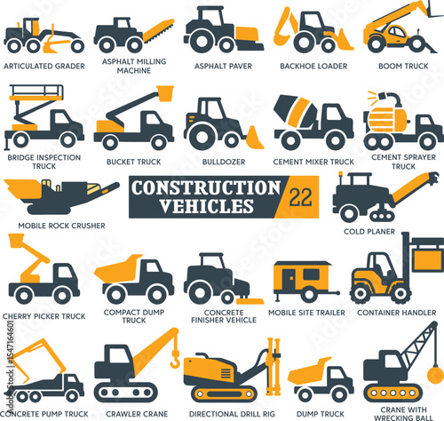 Heavy Engineering and Roadwork Vehicles Vector Pack of 22 Construction Machines