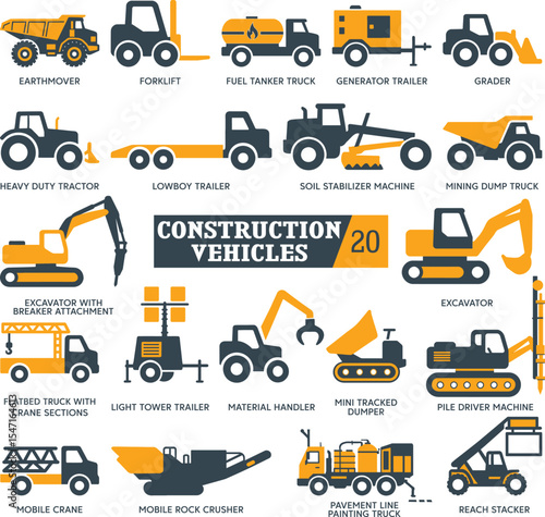 Construction Vehicles Vector Set – Heavy Machinery Icons for Industrial Projects
