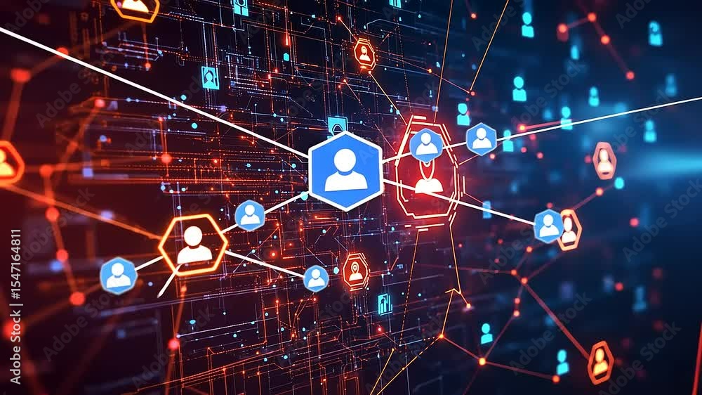 Abstract digital network visualization with interconnected nodes representing users and data flow Abstract digital network visualization with interconnected nodes representing users and data flow