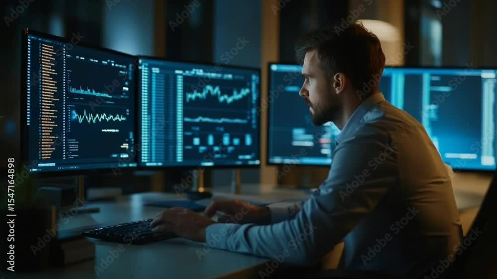 Night Shift Data Analyst Working on Triple Monitors Night Shift Data Analyst Working on Triple Monitors