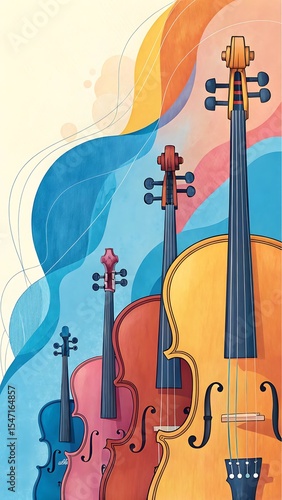 Colorful Watercolor Illustration of Violins in a Row with Abstract Background Representing Music Harmony and Artistic Expression Suitable for Posters and Designs