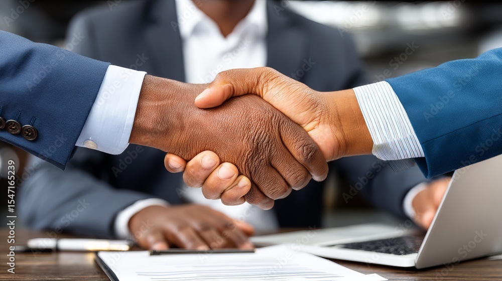 Businessmen shaking hands in a professional setting, symbolizing agreement and partnership Businessmen shaking hands in a professional setting, symbolizing agreement and partnership