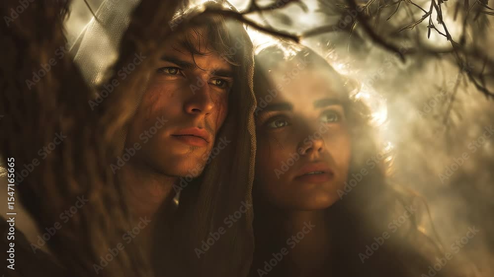 Photorealistic depiction of Adam and Eve hiding from God, shrouded in mist and light. The mood is tense and contemplative, reflecting themes of innocence and fall in the book of Genesis. Photorealistic depiction of Adam and Eve hiding from God, shrouded in mist and light. The mood is tense and contemplative, reflecting themes of innocence and fall in the book of Genesis.