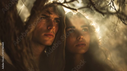 Photorealistic depiction of Adam and Eve hiding from God, shrouded in mist and light. The mood is tense and contemplative, reflecting themes of innocence and fall in the book of Genesis.