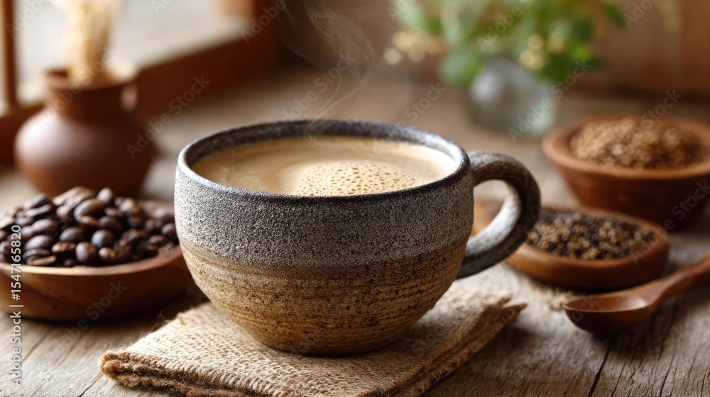 First sip with mellow coffee props concept. Warm coffee cup surrounded by beans and spices on a wooden table. First sip with mellow coffee props concept. Warm coffee cup surrounded by beans and spices on a wooden table.