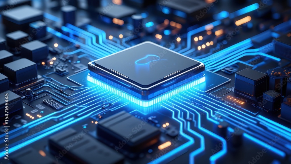 Exploring the Intricacies of a Digital Circuit Board: A Close-Up View of a Microprocessor Surrounded by Glowing Pathways and Modern Components Exploring the Intricacies of a Digital Circuit Board: A Close-Up View of a Microprocessor Surrounded by Glowing Pathways and Modern Components