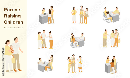 Couple Raising Children – Childcare Consultation Scenes (Yellow Tone)