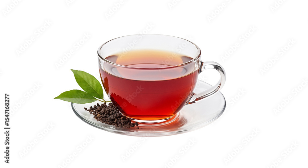 Glass cup of tea with leaves and loose tea on white background Glass cup of tea with leaves and loose tea on white background
