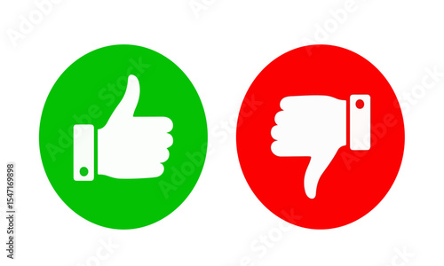 Two simple and bold circular icons, one green with a white thumbs-up symbol indicating approval, and the other red with a white thumbs-down symbol indicating disapproval