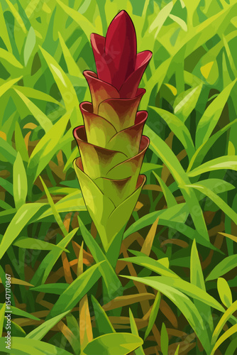 The image shows a beautifully stylized illustration of a single Curcuma flower (commonly known as Siam Tulip or Dok Krachiao in Thai) standing tall amidst a field of lush green grass. The flower has v