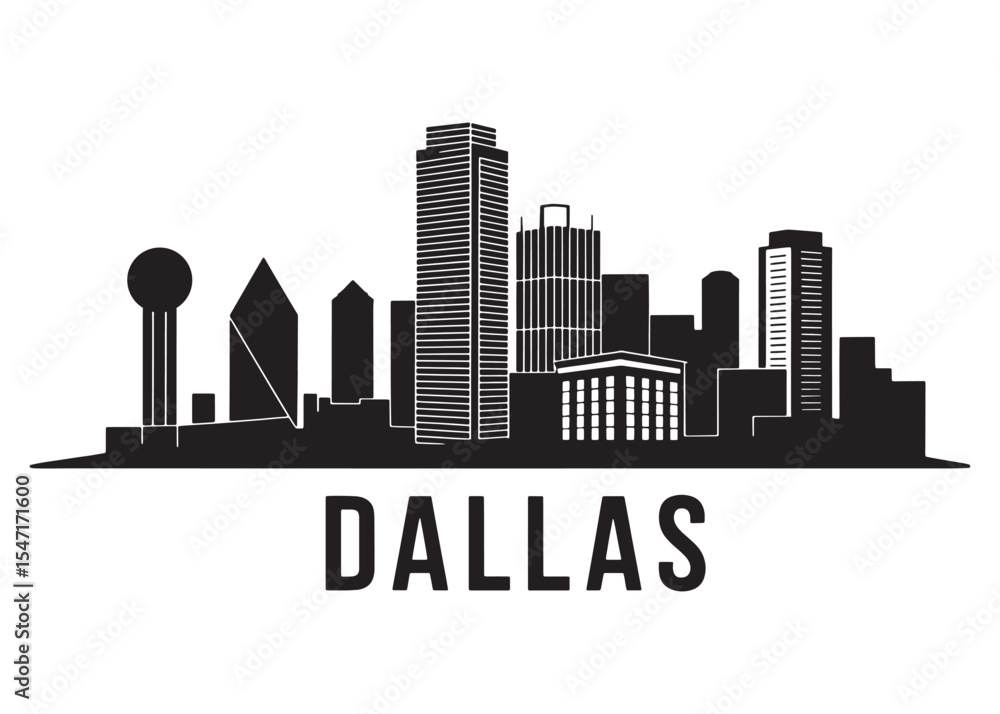 Fototapeta premium Black and White Dallas Skyline Silhouette Graphic with City Name A Clean and Modern Design for Texas