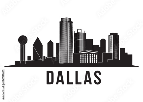 Black and White Dallas Skyline Silhouette Graphic with City Name A Clean and Modern Design for Texas
