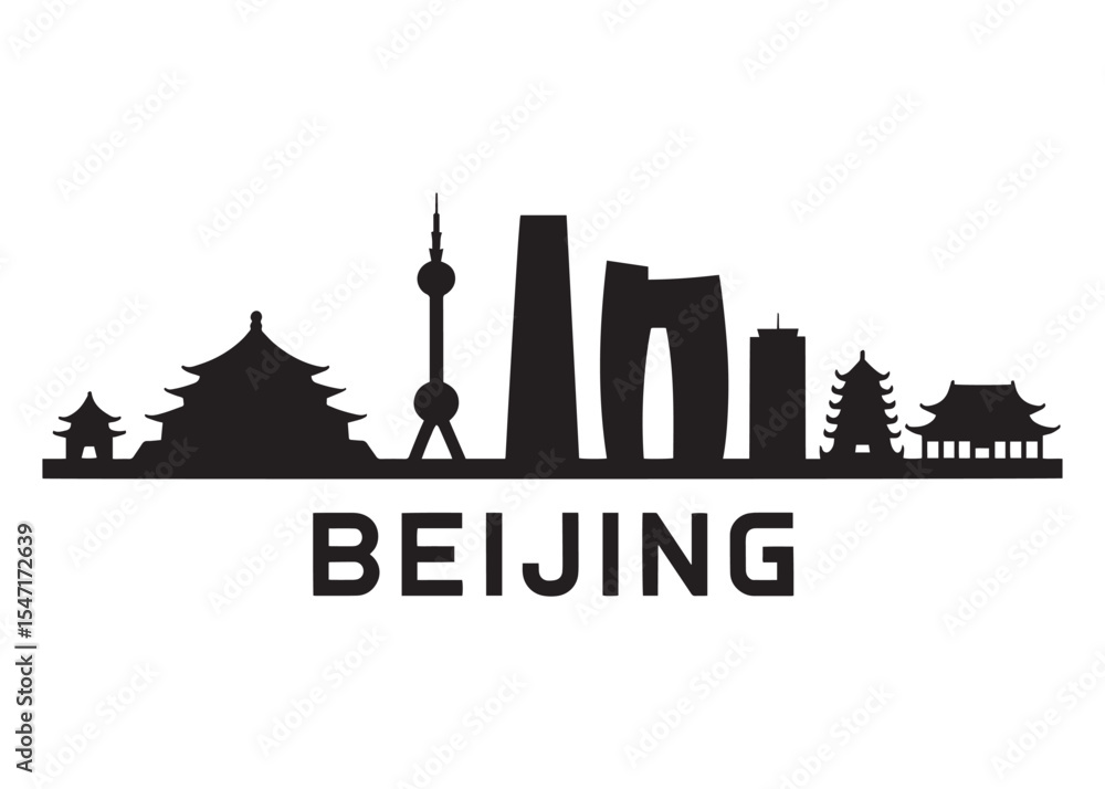 Fototapeta premium Monochrome Panorama of Beijing City Skyline Silhouette with Traditional and Modern Buildings along with the City Name Typography