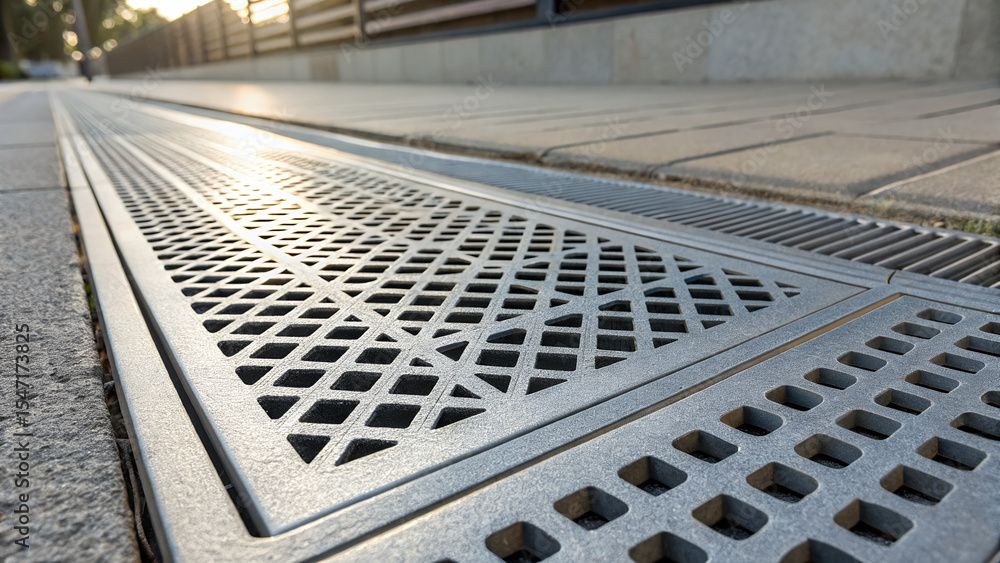 Obraz premium Street gutter grate with sunlight reflections