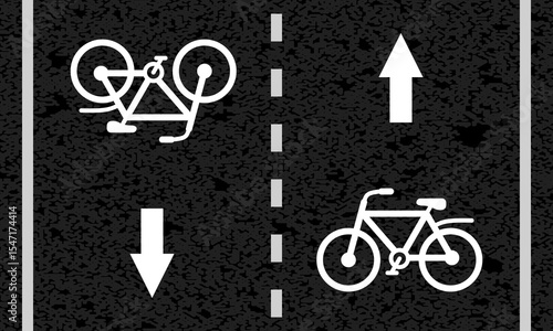 two way bicycle road markings, city street symbols, white bike path painted asphalt, safe moving lane, arrows direction sign