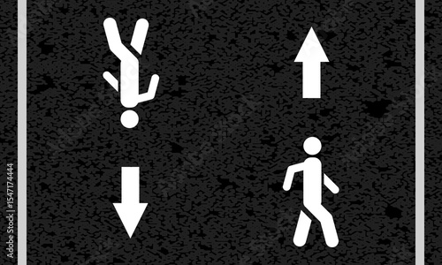 two way pedestrian road markings, city street symbols, white walking man path painted asphalt, safe moving lane, arrows direction sign