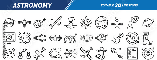Line Icons for Astronomy Featuring Galaxies, Moons, Telescopes, Satellites, Robotic Devices, Solar Systems, and Space Technology Elements.
