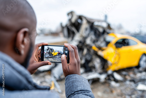 Close up, man taking photos of car accident wreckage
