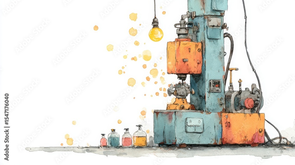 Fototapeta premium A watercolor illustration of an industrial machine with an orange panel, a hanging light bulb, and small colorful jars on a table.