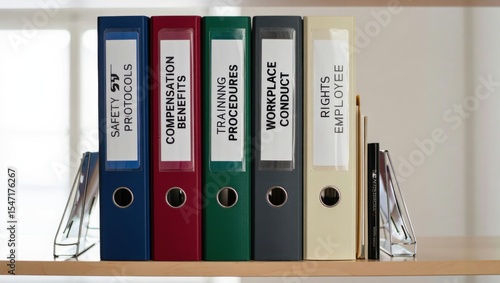 Organized File Binders on a Shelf Featuring Various Important Workplace Documentation for Employee Rights and Conduct Procedures