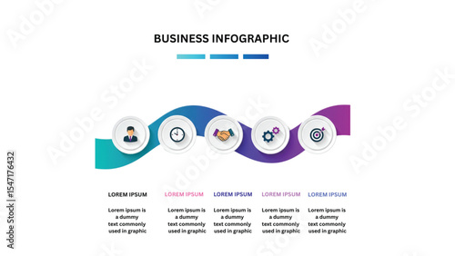 Business Infographic Template Five Steps to Success, Modern Design, Colorful Wave