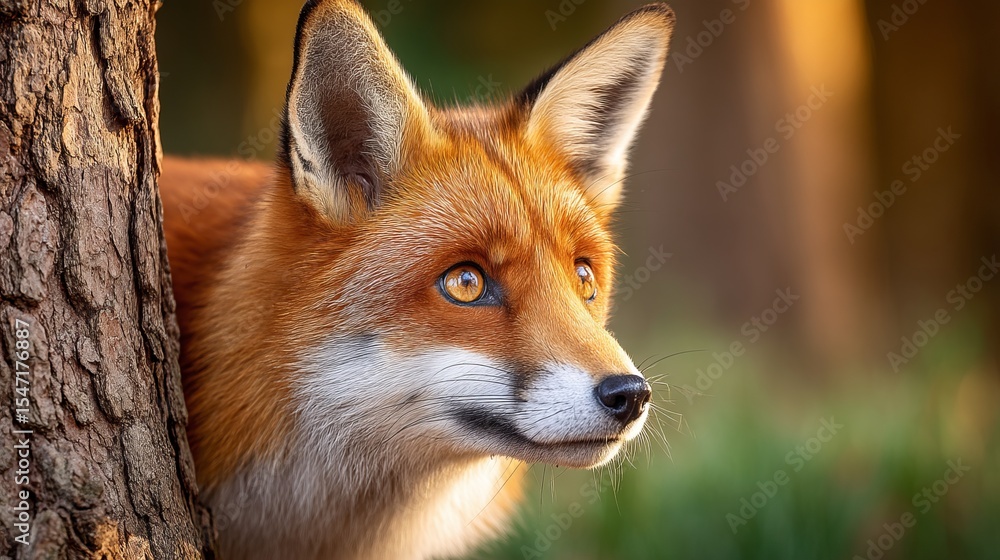 Fototapeta premium Close-up of a fox with orange fur and piercing eyes in a natural forest setting