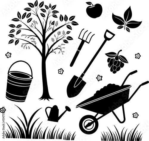 vector set of gardening tools;  gardening tools silhouette
