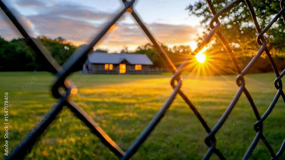 A sunrise or sunset illuminating a farmhouse, viewed through a chain-link fence, with a green field in the foreground. A sunrise or sunset illuminating a farmhouse, viewed through a chain-link fence, with a green field in the foreground.