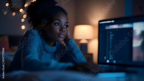 Young, Woman, Female, Young Woman Working Late on Laptop at Night
