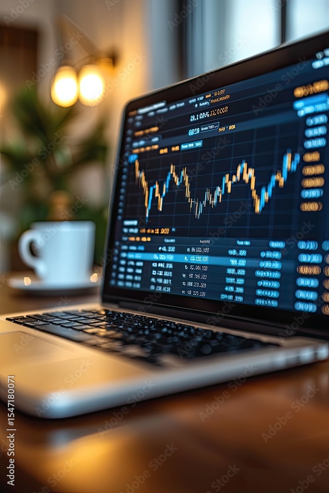 Laptop Displaying Stock Market Data on Wooden Table Laptop Displaying Stock Market Data on Wooden Table