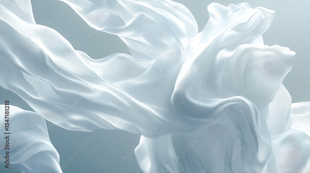 Obraz premium Elegant white fabric floating against soft blue backdrop creates delicate abstract waves and smooth textures