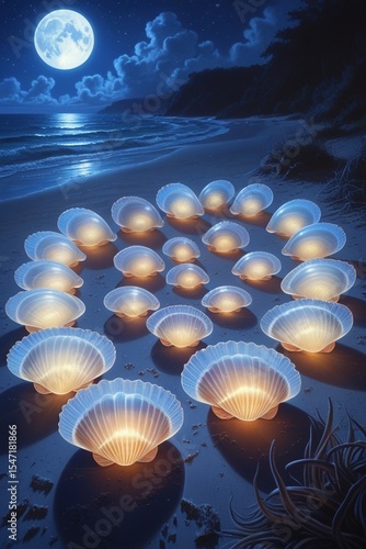 Wallpaper Mural A hyperrealistic color pencil painting depicts bioluminescent clams dancing under a blue full moon on a beach at night, adorned with detailed volume lighting. Torontodigital.ca