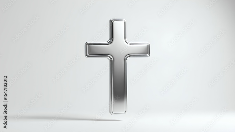 Obraz premium A modern 3D render of a sleek, silver metallic Christian cross, a symbol of faith and religion, floating elegantly against a clean, minimalist white studio background with a soft shad